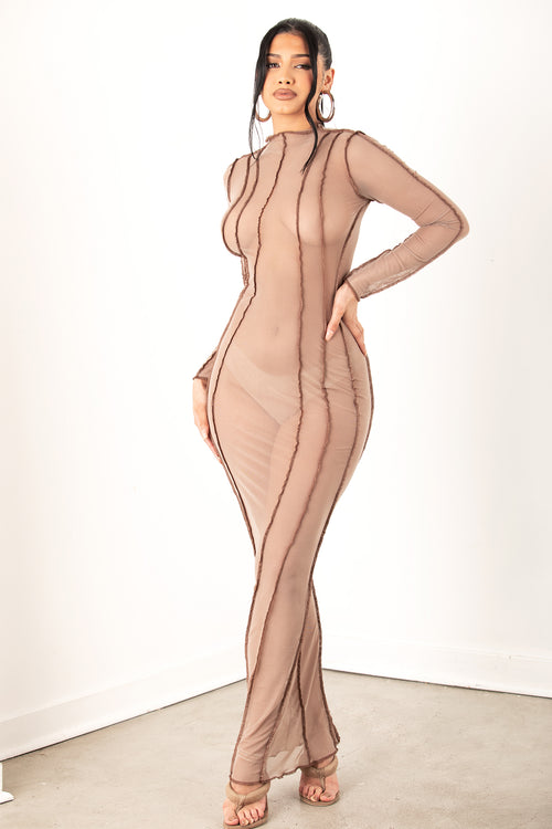 Nude Long Sleeve Seamless Open back Dress - sosorella