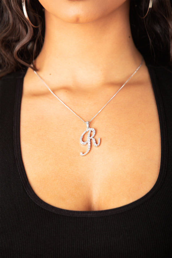 Diamond R Cursive Pendant- Silver - sosorella